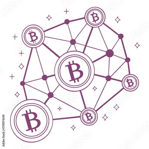 Illustration of a connected bitcoin network with nodes and lines