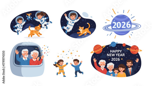 New Year's Celebration in Space: A collection of vibrant illustrations capturing the joy and excitement of celebrating the new year in a futuristic space setting.