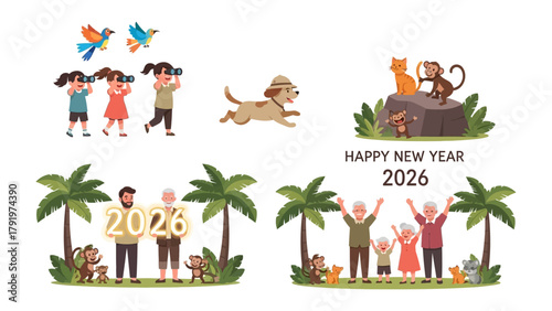 New Year's Nature Celebration 2026: An illustrated scene of children birdwatching, accompanied by a happy dog and other friendly animal species in the cheerful festive setting.