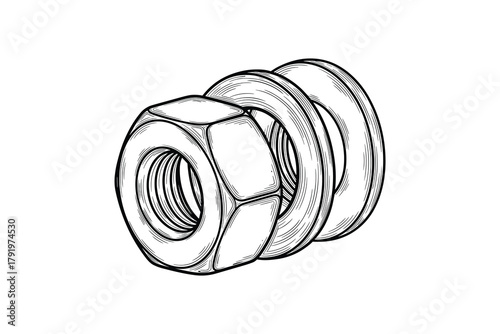 Industrial metal bolt nuts and washers illustration, fastening tool, mechanic hardware parts.
