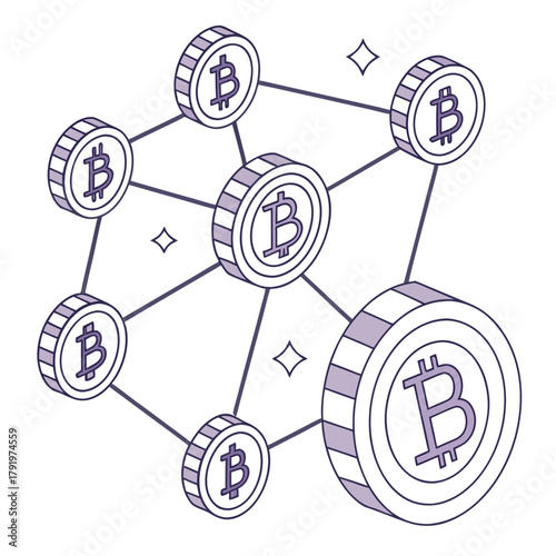 Isometric illustration of a bitcoin network with connected coins