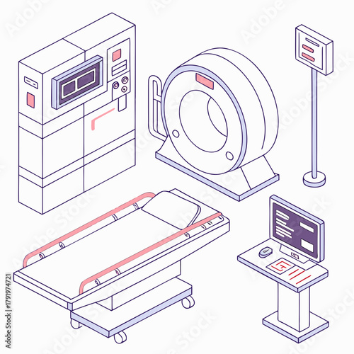 Isometric illustration of medical imaging equipment, including a ct scanner