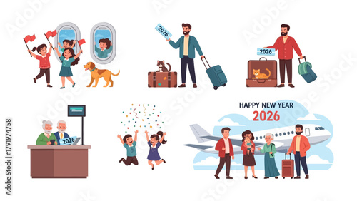 New Year Travel Preparations: A collection of illustrations depicting the anticipation and preparation for travel during the new year, encapsulating themes of excitement, family connection.