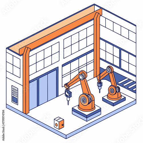 Isometric view of a factory floor with robotic arms and a cube