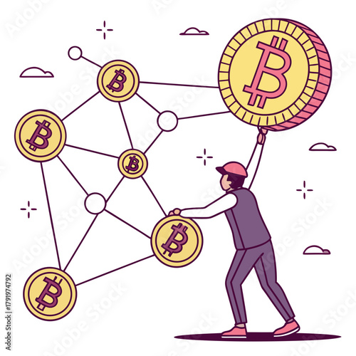 Man building bitcoin network representing cryptocurrency infrastructure
