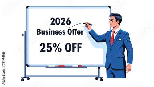 Business Offer Presentation: A professional presents a special business offer on a whiteboard with numbers and a sale percentage. The image is an illustration, promoting offers and discounts.