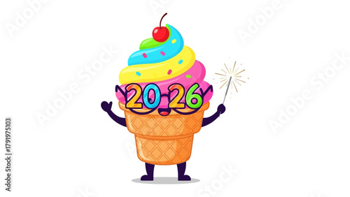 Festive Ice Cream Character: A whimsical ice cream cone character with cheerful expression, wearing glasses displaying the year 2026 and holding a sparkler, evoking feelings of fun, celebration.