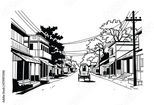 Monochrome drawing of old village street with traditional houses rickshaw and power lines