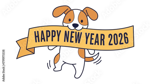 New Year 2026: A cheerful illustration of a dog, carrying a celebratory banner, heralding the arrival of the New Year. Expressing joy and hope for the future.