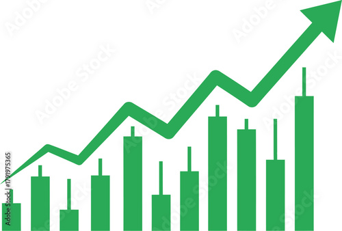 Green candlestick bar chart with an upward trending arrow graph indicating financial growth and success.