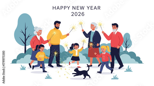 A Family's Sparkler Celebration: A heartwarming illustration of a multigenerational family joyously celebrating the New Year together. Capturing the spirit of togetherness, hope and shared moments.
