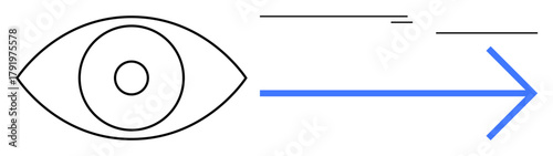 Black outlined eye with central pupil and a blue arrow pointing right symbolize vision, focus, and progress. Ideal for innovation, leadership, strategy, goal setting, design thinking, technology