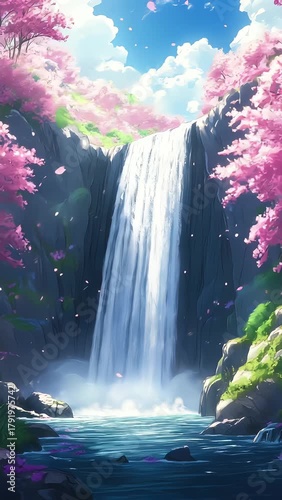 fantasy anime waterfall with pink sakura trees and blue water landscape