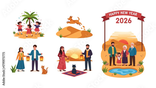 New Year Celebration: Vibrant illustrations capture the essence of a New Year's celebration with joyful scenes. A dog jumps over the dune, kids playing in the sand, lantern-carrying couple.