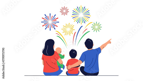 Festive Family: A family marvels at a vibrant fireworks display, creating a heartwarming scene of togetherness and joy under a cascade of colors.