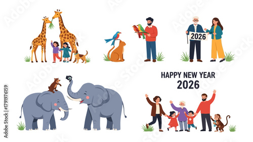 Happy New Year 2026: A vibrant and diverse collection of illustrations, illustrating the theme of family, love, and anticipation for the coming year. 