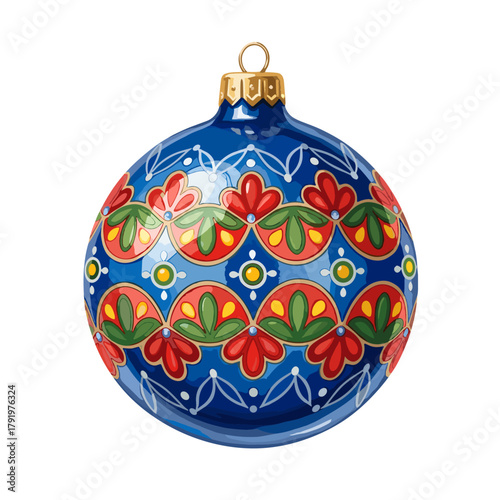 Festive blue glass Christmas ornament featuring colorful traditional folk art inspired floral and geometric patterns