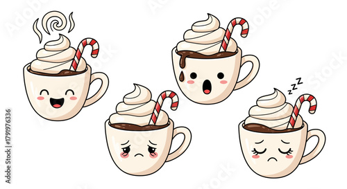 Cute Cartoon Coffee Cups with Whipped Cream and Candy Cane Decorations in Various Expressions