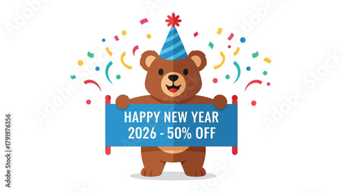 New Year's Bear Celebration : A festive illustration depicts a cheerful bear holding a banner offering a Happy New Year promotion with confetti, bringing joy and a celebratory feel. 
