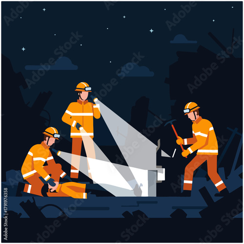 Nighttime rescue operation: Firefighters search for survivors amidst debris with flashlights.