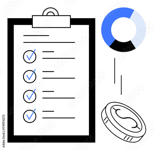 Checklist with checked-off tasks, partial pie chart, and coin symbolizing organization, goal achievement, financial planning, task management, productivity, success and efficiency. Ideal for project