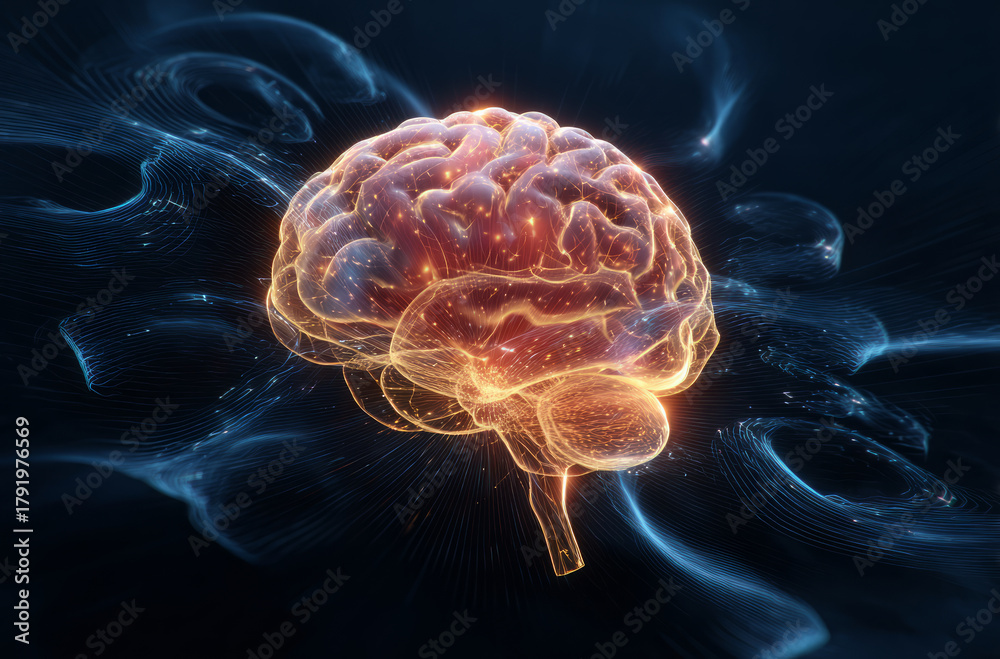 Obraz premium Glowing brain neural network sound wave data flow abstract science art