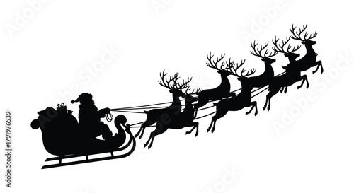 Silhouette of santa claus and his reindeer pulling a sleigh across a white background