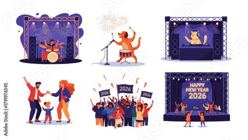 Celebration Stage: A vibrant illustration showcasing joyful festivities, with stage illuminated and a lively atmosphere.