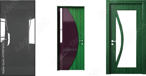 The image showcases three distinct doors, each with its own unique design and characteristics,