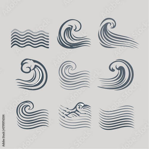 Set of stylized ocean wave icons and symbols.