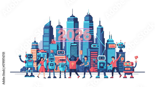 The Metropolis of Tomorrow: A vibrant illustration showcasing the future where advanced robotics and humans coexist harmoniously amidst a cityscape of towering structures and modern design. 