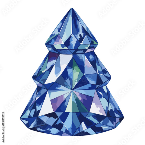 Sparkling Blue and Purple Gemstone Christmas Tree Illustration, Faceted Crystal Holiday Decoration Graphic