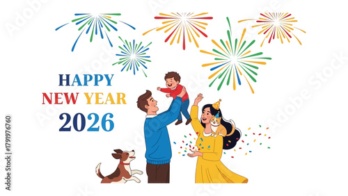 New Year's Celebration: A family joyfully celebrates the new year with festive fireworks and embraces happiness and togetherness.