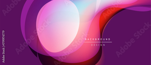 Abstract design features vibrant overlapping circles, gradients. Purple, pink, red hues dominate dark background. Modern aesthetic.