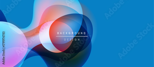 Abstract fluid shapes overlap, creating vibrant color gradients. Blue dominates background, with pink, orange accents. Modern design element.