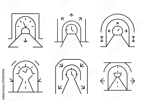 Collection of abstract linear icons illustrating time, direction, and measurement concepts