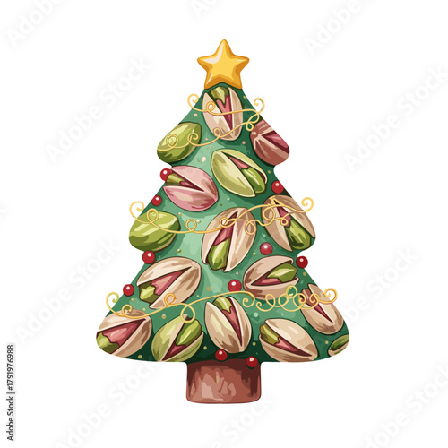 Festive Pistachio Christmas Tree Illustration with Golden Star and Holiday Decorations