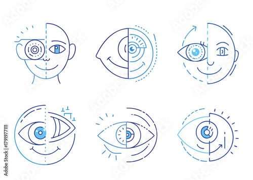 Conceptual vision technology illustration set representing perception, eye health, and future technology
