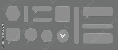 Set of realistic glass speech bubbles in liquid glass style isolated on grey background