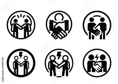 Diverse partnership icon set representing collaboration, agreement, and potential conflict or synergy