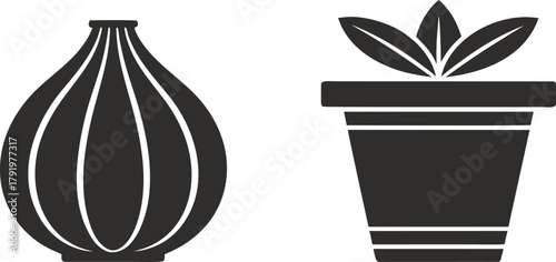 Stylized icon set featuring a decorative striped vase and a potted plant with three leaves, essential graphic design element
