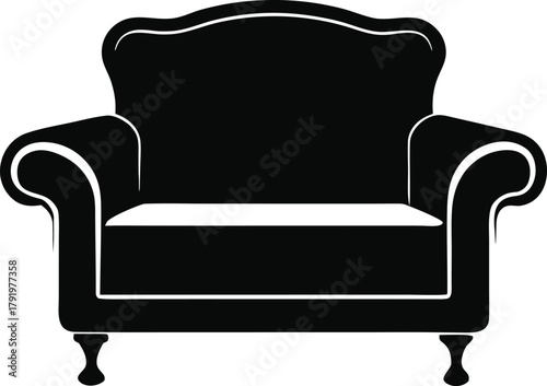 Classic elegant upholstered armchair silhouette isolated on a clean white background, furniture icon for home interior design or lounge area