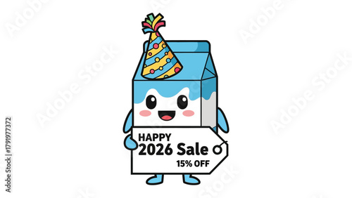 Festive Milk Carton for Sale: A cheerful and charming animated milk carton figure, adorned with a party hat and a Happy 2026 Sale tag, offers a 15% discount.