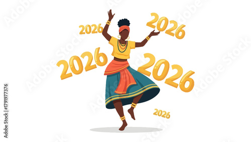 New Year Celebration in Cultural Attire: A woman joyfully dances, surrounded by the numeral 2026, dressed in vibrant traditional attire. This artwork symbolizes the excitement of the upcoming year.
