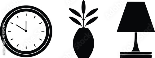 Minimalist black icon set displaying a classic wall clock, a stylish potted plant, and a modern table lamp design.