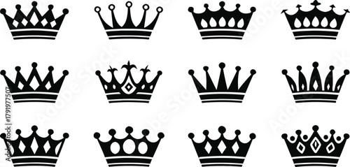 Collection of diverse black crown vector icons, symbolizing royalty, power, leadership, and success in a elegant, minimalist style