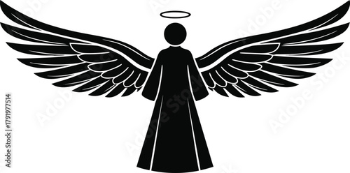 Abstract black silhouette of an angel with wide-spread majestic wings and a luminous halo, symbolizing protection, faith, and divine presence.