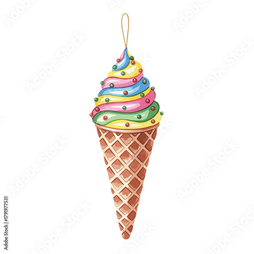 Vibrant watercolor style ice cream cone ornament with colorful swirled soft serve and candy sprinkles, perfect for festive decorations