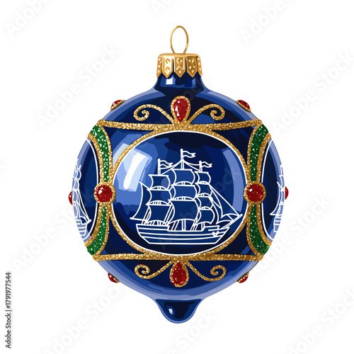 Ornate blue glass Christmas bauble featuring a detailed white outline of a tall ship, embellished with sparkling gold and ruby-red jewels.