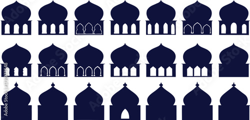 Collection of stylized blue islamic mosque dome and minaret silhouettes, abstract vector icons for religious celebration design.